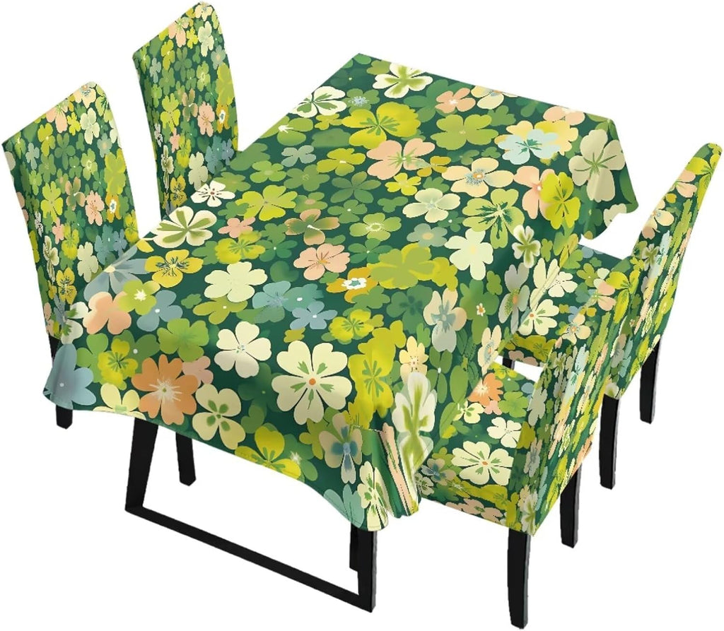 Stretch Dining Table Cloth and Chair Covers Set, 4 Seater Table Cover Anti-Wrinkle Parsons Chair Slipcovers Machine Washable Seat Protector for St. Patrick's Day Decor, Green Shamrock