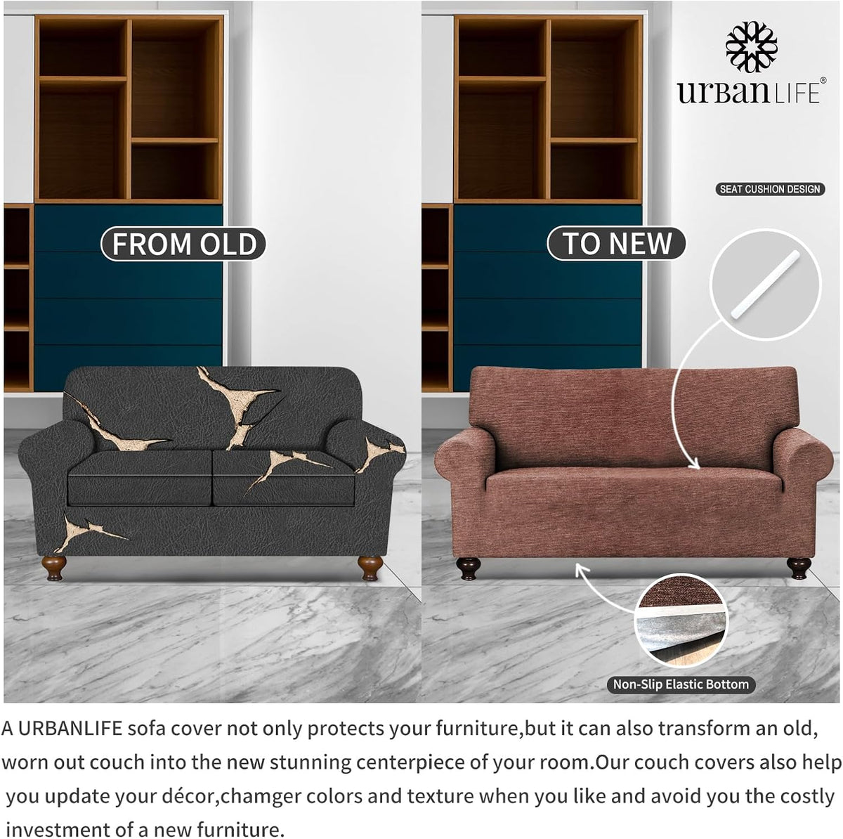 URBANLIFE 1-Piece Stretch Sofa Covers for 2 Cushion Couch, Chocolate