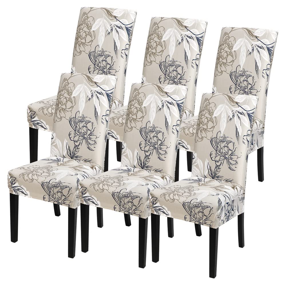 SearchI Chair Covers Slipcovers Set of 4, Spandex Super Fit Stretch Removable Washable Kitchen Parsons Protector for Dining Room,Hotel,Ceremony,Beige+Flowers