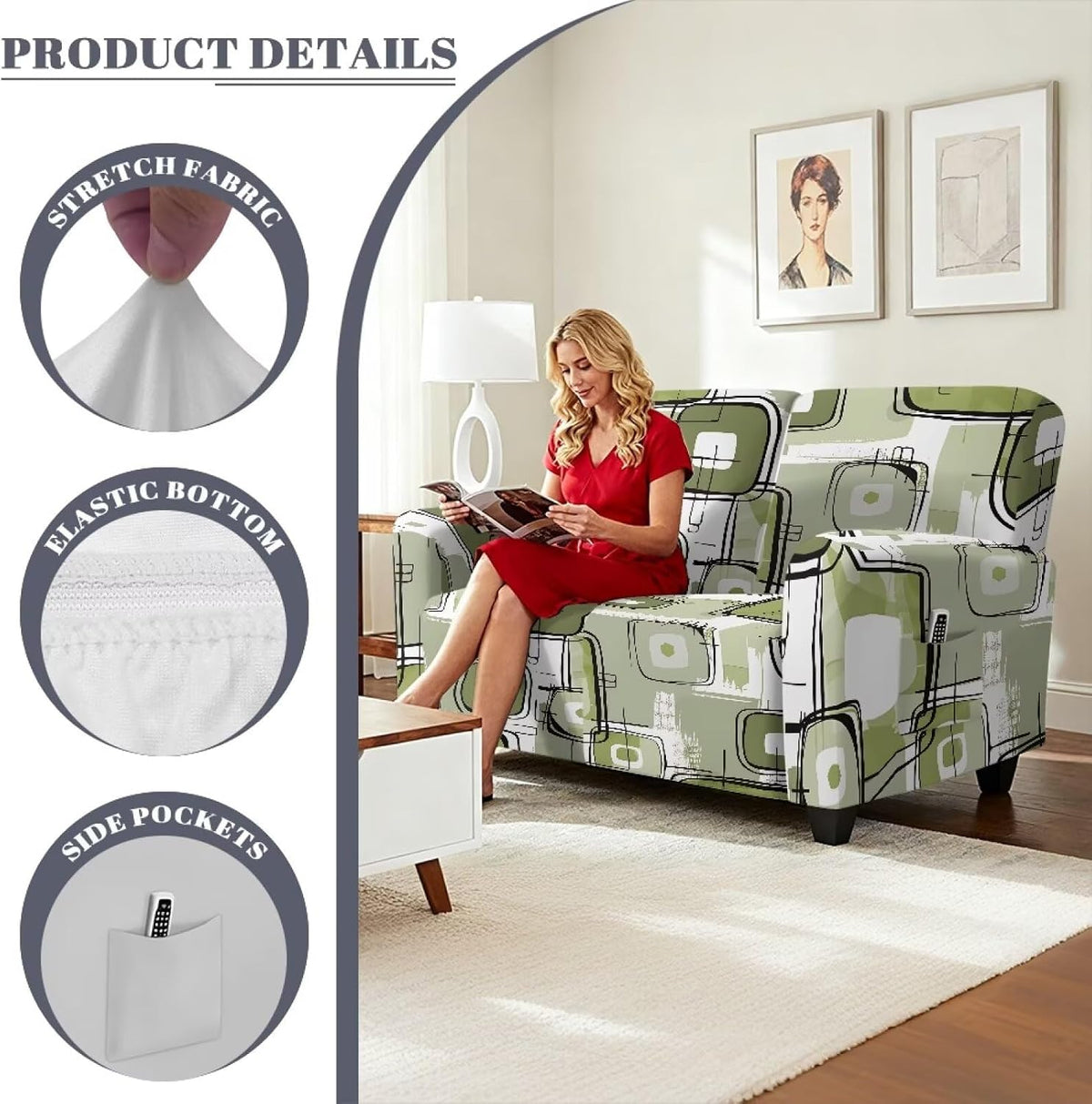 6 Pieces Stretch Recliner Loveseat Covers, Mid-Century Modern Geometric Washable Slipcovers Soft Furniture Protectors with Elastic Bottom for Kids and Pets 2 Seater