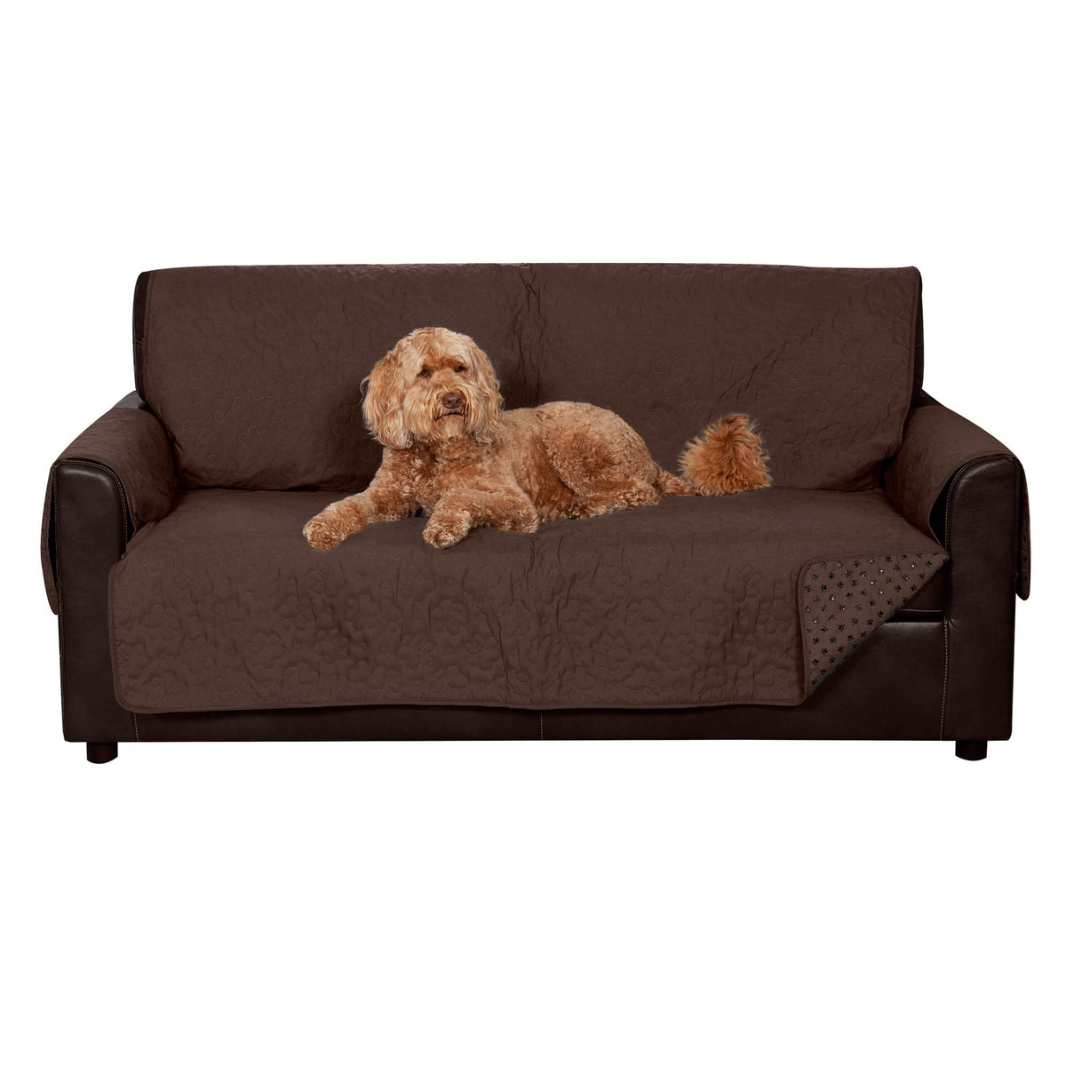 Furhaven Waterproof & Non-Slip Loveseat Cover Protector for Dogs, Cats, & Children - Quilted Paw Print Living Room Furniture Cover - Espresso, Loveseat