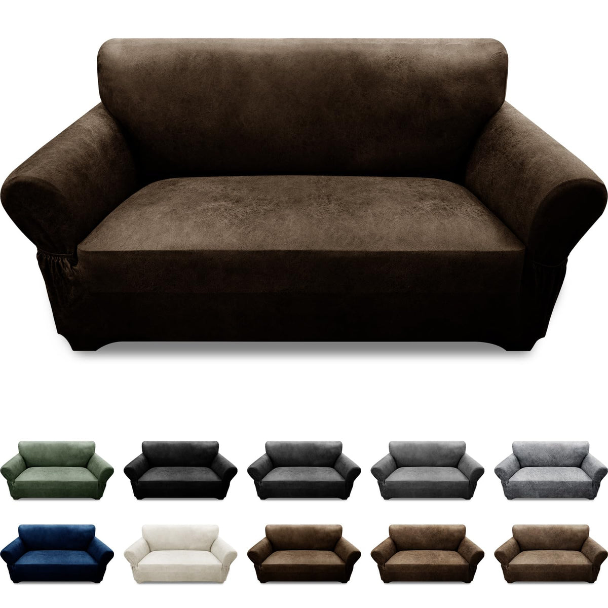 3-Pieces T Cushion Loveseat Slipcovers Leather Look Couch Cover Loveseat Covers for 2 Cushion Couch Furniture Protector Stretch Sofa Cover with 2 Individual T Cushion Seat Covers, Brown