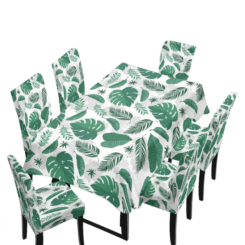 Dining Room Chair Cover and Tablecloths 7 Pack, Stain Resistant Stretch Kitchen Chair Seat Slipcovers Anti-Wrinkle Table Protector for Party, Pastoral Rose Flower Stripes Print Green