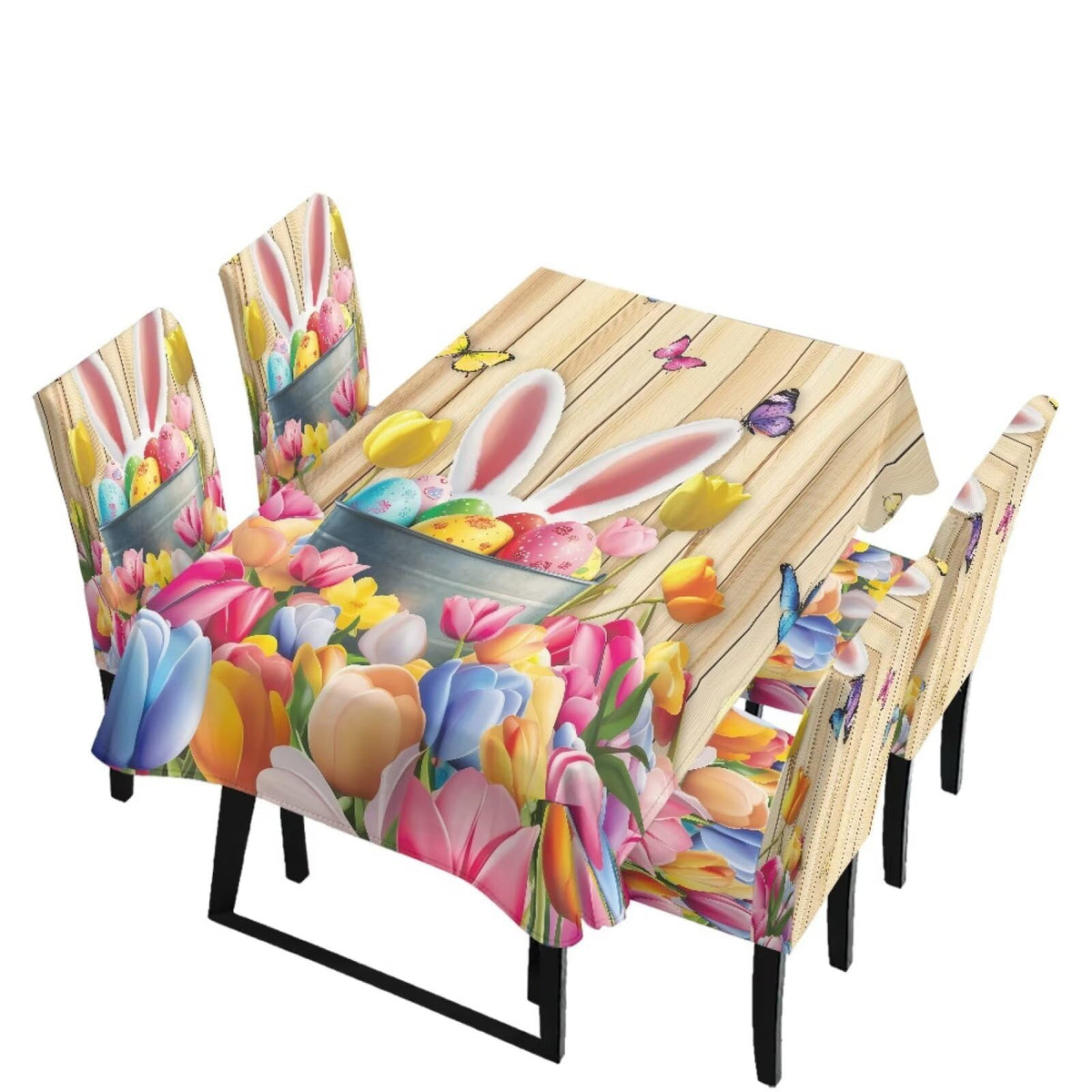 ZDCUSTOM Easter Table and Chair Covers for Parties Purple Bunny Dining Chairs Cover Daisy Tablecloths Rectangular for Easter Party