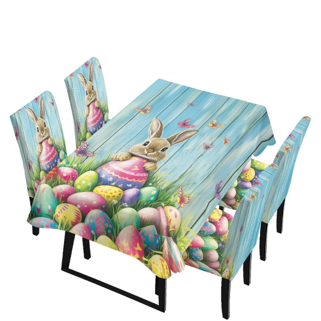 ZDCUSTOM Easter Table and Chair Covers for Parties Purple Bunny Dining Chairs Cover Daisy Tablecloths Rectangular for Easter Party
