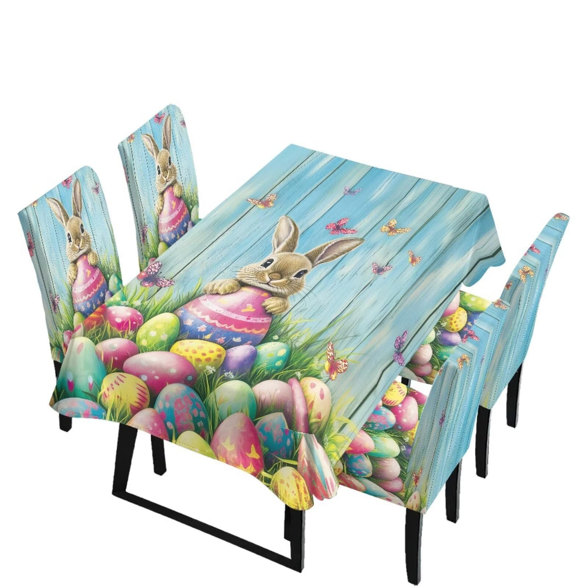 ZDCUSTOM Easter Table and Chair Covers for Parties Purple Bunny Dining Chairs Cover Daisy Tablecloths Rectangular for Easter Party