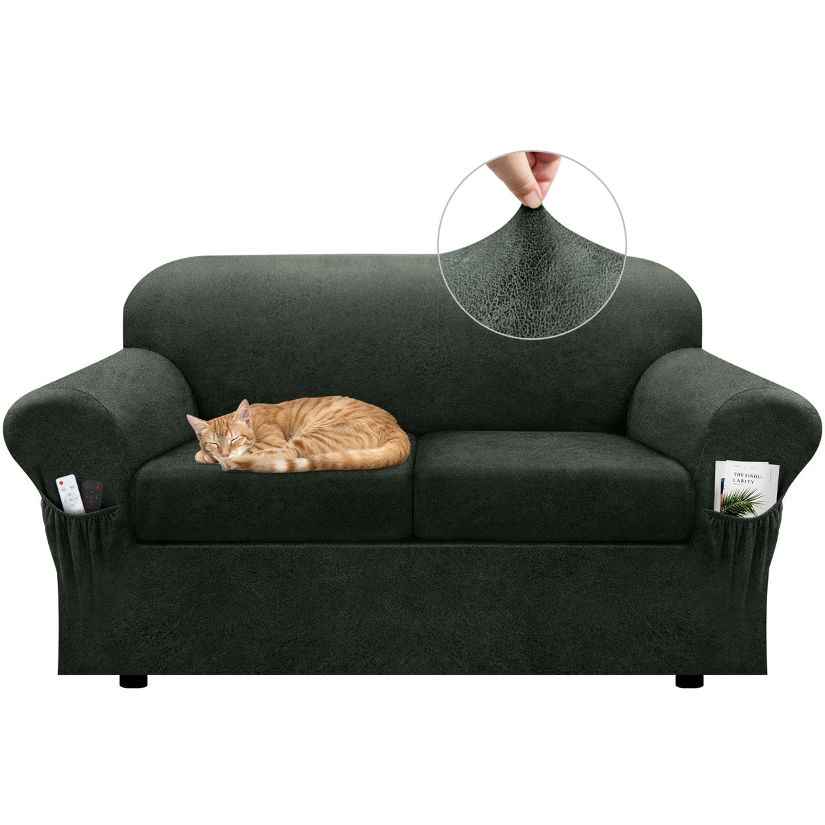 Loveseat Slipcover with Armrest Pockets 3-Piece Set, Stretch Faux Leather Love Seat Covers for 2-Cushion Couches(Fits 58-66") - Non-Slip, Machine Washable, Pet & Kid Friendly - Beige
