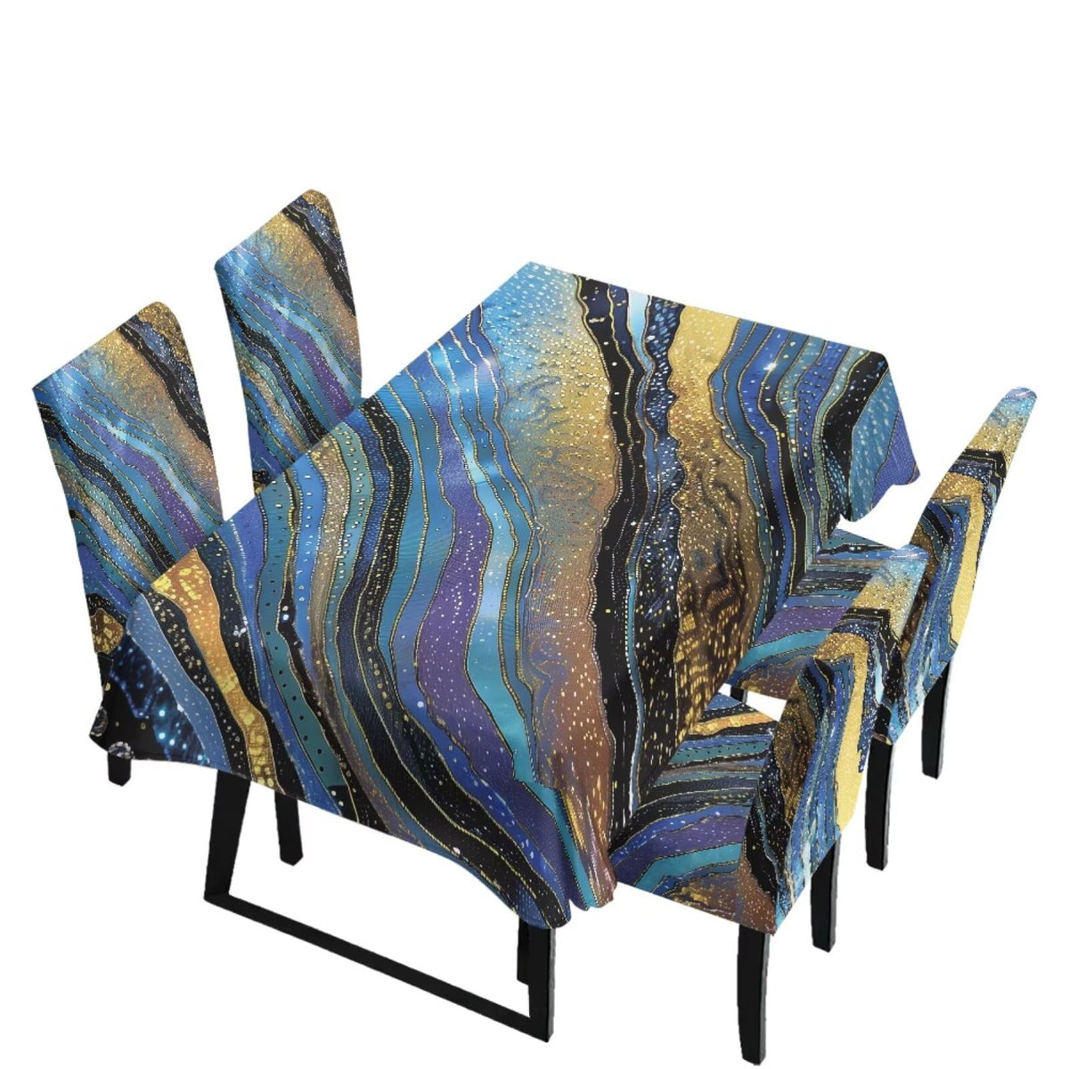 Table Cloth and Dining Chair Covers Set of 5, Kitchen Chair Slipcovers Rectangle Table Cover, Removable Anti-dust Tablecloths Stain Resistant Soft Hotel Decor, Blue Retro Floral