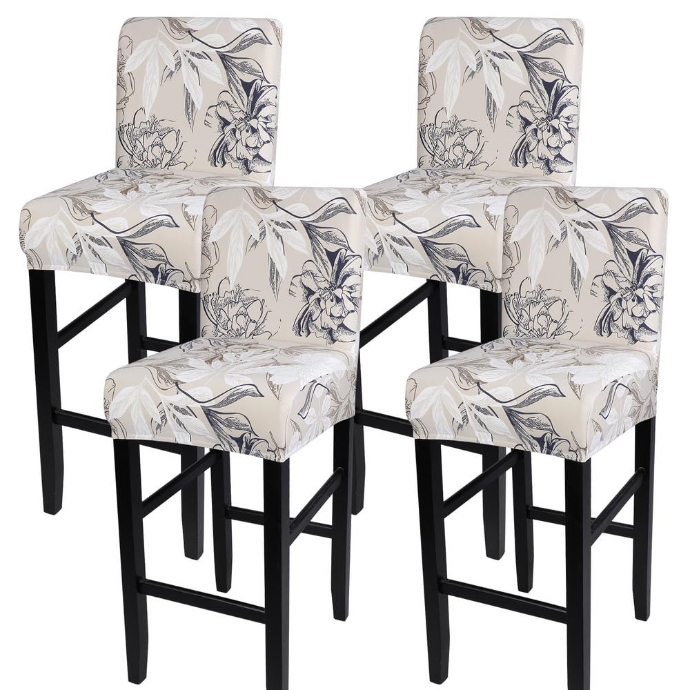 SearchI Bar Stool Covers Set of 4, Stretch Washable Barstool Seat Covers, Counter Height Chair Covers for Kitchen Dining Room Cafe (Beige Linen-Look Print)
