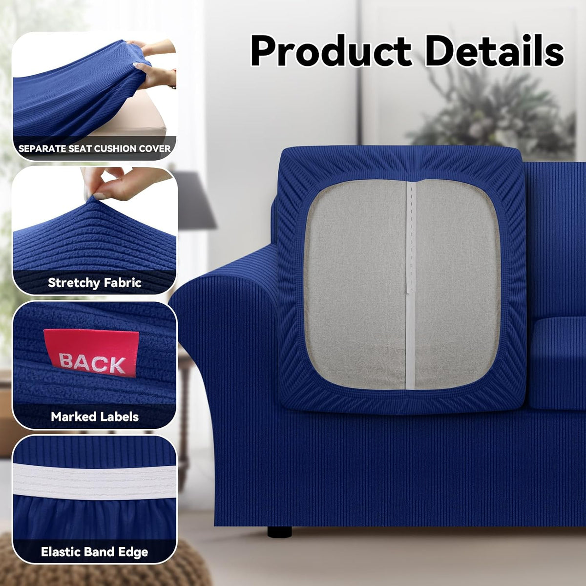 100% WaterproofLoveseat Cover 3-Piece Set Striped Loveseat Slipcovers for 2 Cushion Couch Sofa Covers with TPU Leakproof Bottom Stretch Couch Protector Pet Proof - Loveseat, Navy