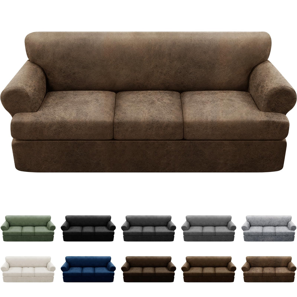 3-Pieces T Cushion Loveseat Slipcovers Leather Look Couch Cover Loveseat Covers for 2 Cushion Couch Furniture Protector Stretch Sofa Cover with 2 Individual T Cushion Seat Covers, Brown