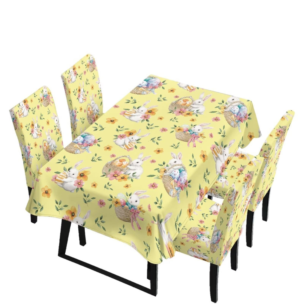 Easter Table Cloth Rectangle Table Set of 7 Include Kitchen Chair Covers and Tablecloths for Dining Room Banquet, Chair Seat Protector Cover, Easter Egg Bunny Floral Print Yellow