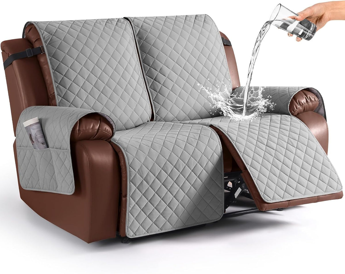 KinCam Waterproof Loveseat Recliner Covers Washable, 2 Seater, Light Gray