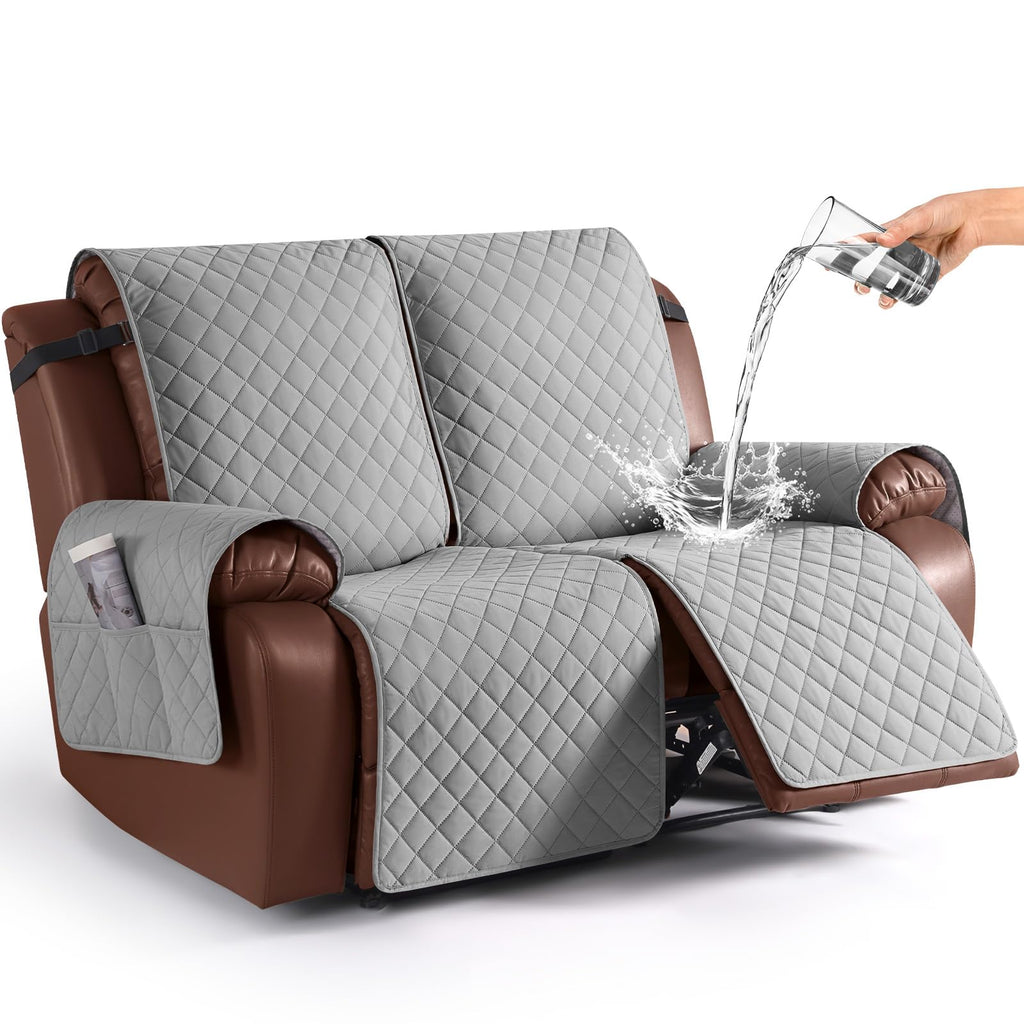KinCam Waterproof Loveseat Recliner Covers Washable, 2 Seater, Light Gray