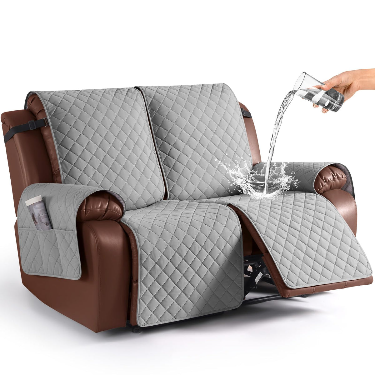 KinCam Waterproof Loveseat Recliner Covers Washable, 2 Seater, Light Gray