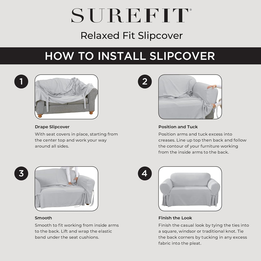 SureFit Cotton Duck Loveseat Box Cushion One Piece Slipcover, Furniture Cover, Relaxed Woven Fit, 100% Cotton, Machine Washable, Gray