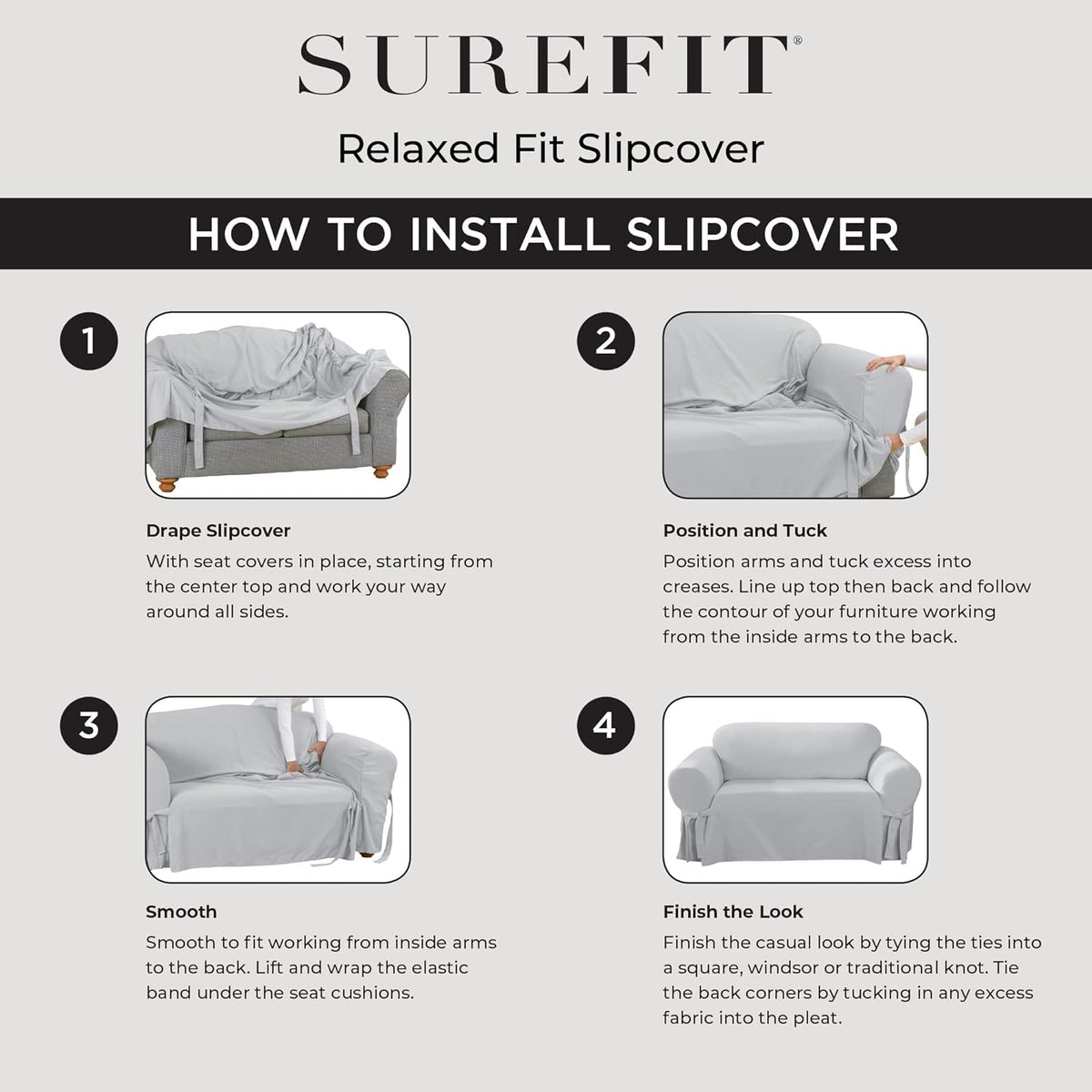 SureFit Cotton Duck Loveseat Box Cushion One Piece Slipcover, Furniture Cover, Relaxed Woven Fit, 100% Cotton, Machine Washable, Gray