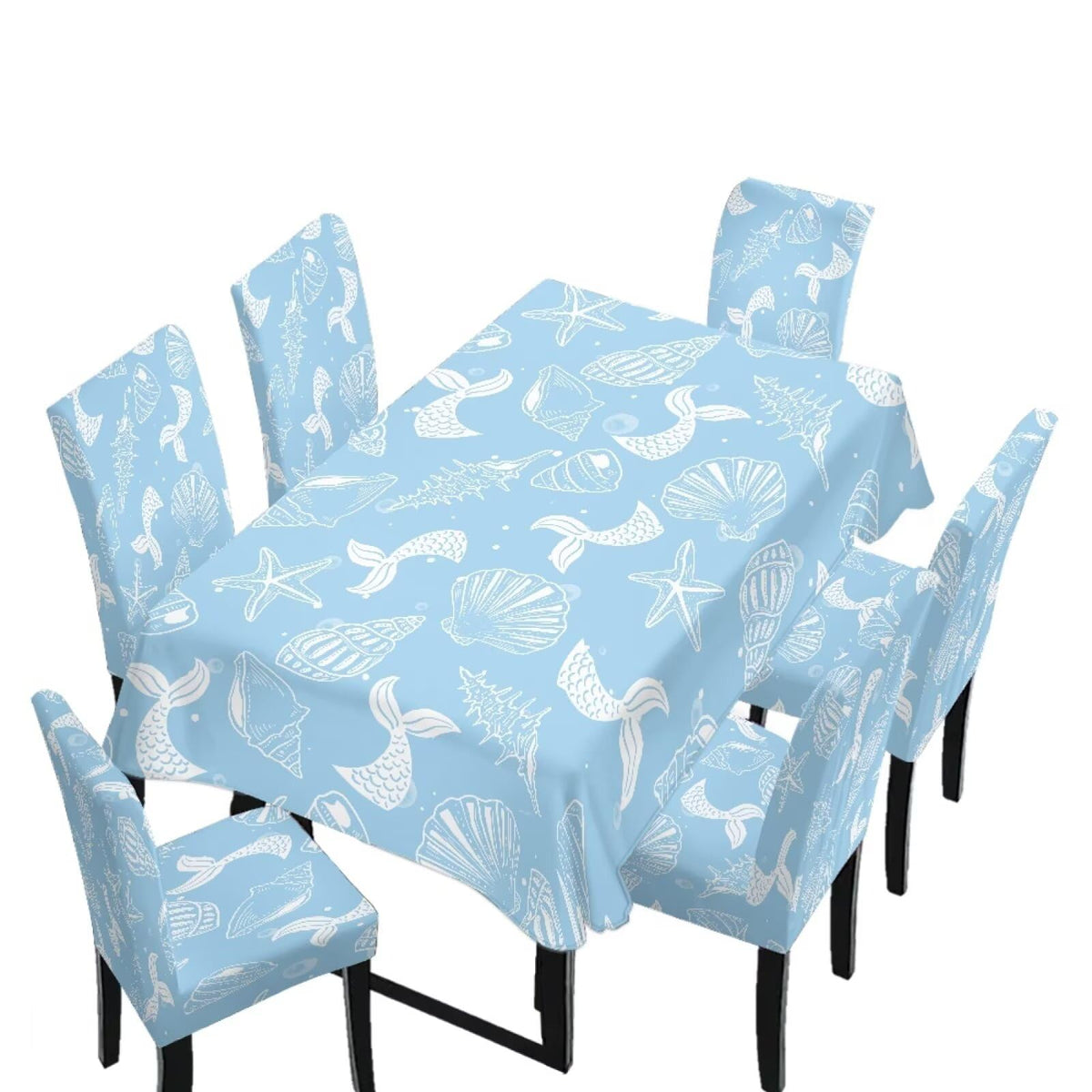 5 Pack Dining Room Chair Cover Set and Table Cloth Rectangle, Dust Proof Machine Washable Tablecloths Comfortable Chair Seat Slipcovers for Restaurant Decor, Abstract Fluid Marble