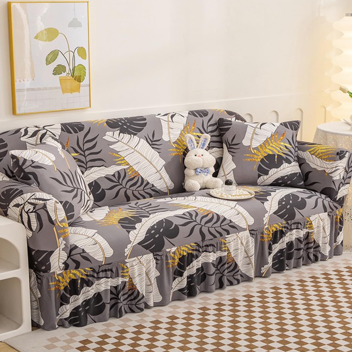 KAIJIE with Skirt 2-Seater Sofa Cover with Four Season Universal Polyester Fabric Jacquard Pattern Anti Slip and Anti pet Modern Furniture Protection Slipcover