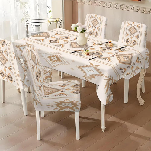 5 Pack Dining Table Cloth Rectangle 4 Seater Includes Kitchen Chair Covers, Stretch Seat Covers for Dining Chairs Anti-dust Washable Table Protector, Tribe Aztec Geometry Print