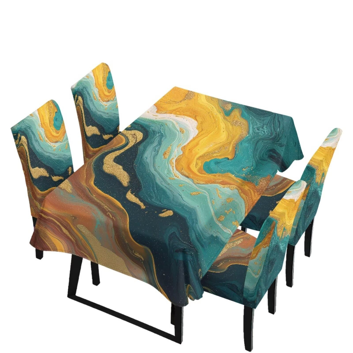 Table Cloth Rectangle Table Set of 7 Include Dining Chair Covers and Tablecloths for Dining Room Kitchen Banquet, Anti-Scratch Chair Seat Cover, Fluid Marble Print Green Gold Brown