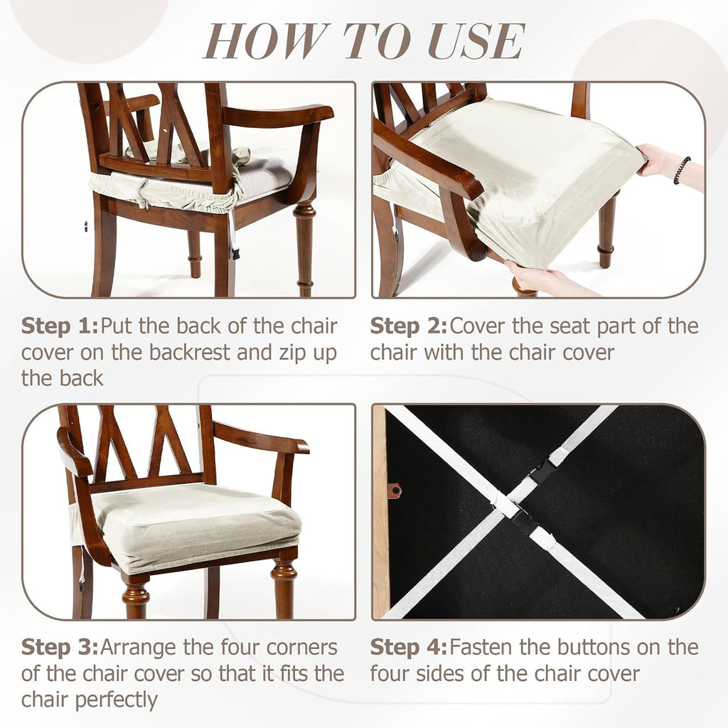 Havawish Extra Wide Dining Chair Seat Covers, Beige White, Velvet, 6 Pcs