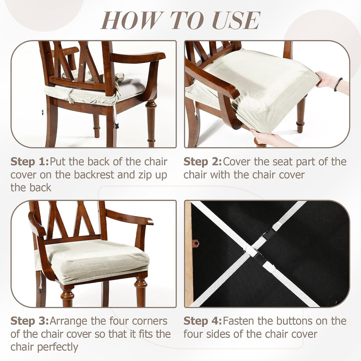 Havawish Extra Wide Dining Chair Seat Covers, Beige White, Velvet, 6 Pcs