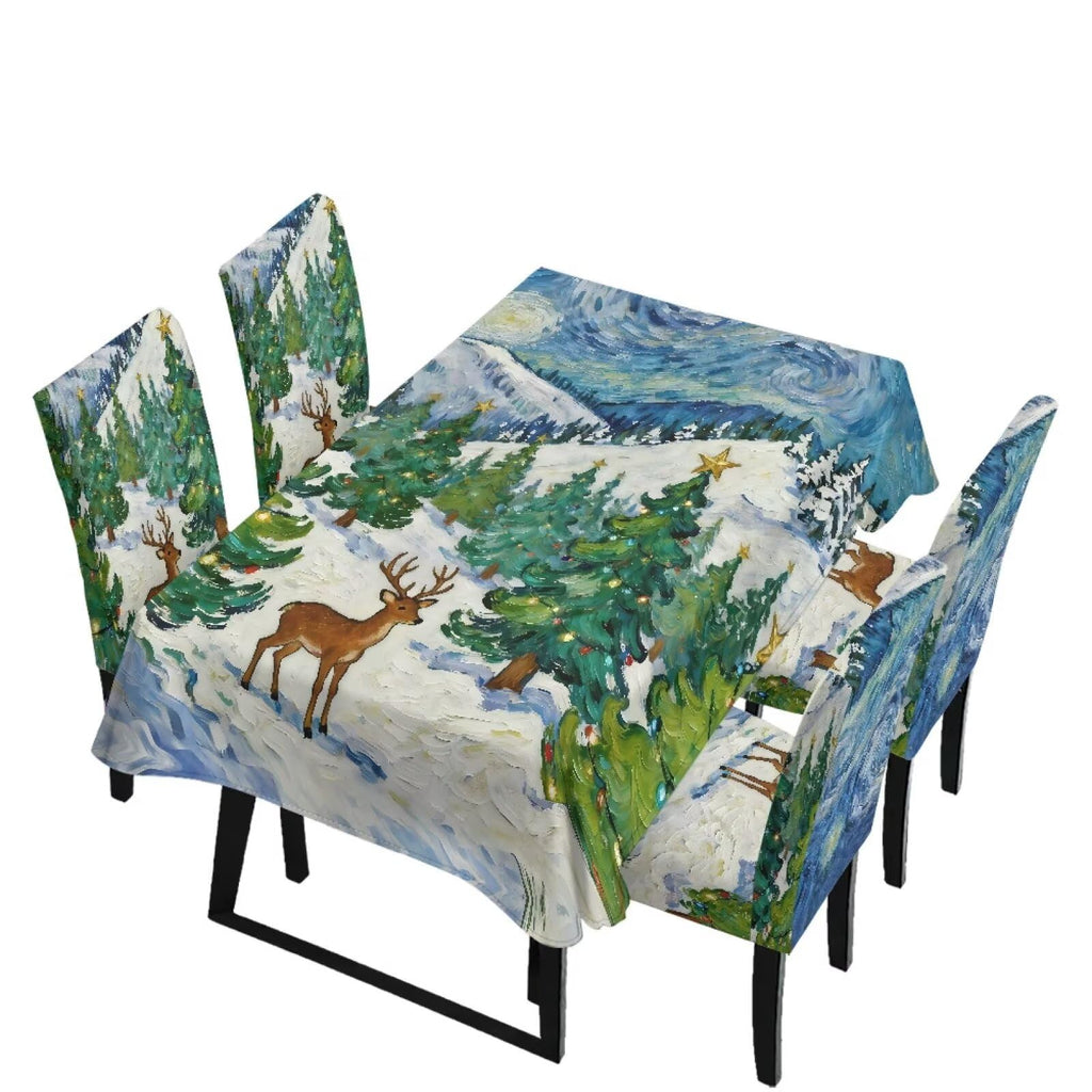 Blue Floral Rectangular Table Cloth & Dining Chair Covers Set of 5, Stain Resistant Wipeable Chair Protectors for Farmhouse Rustic Home Kitchen Party Decor