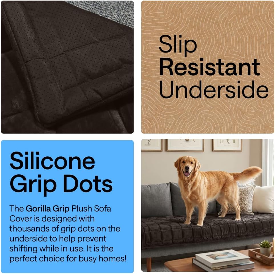 GORILLA GRIP Slip and Leak Resistant Plush Loveseat Cover, Brown