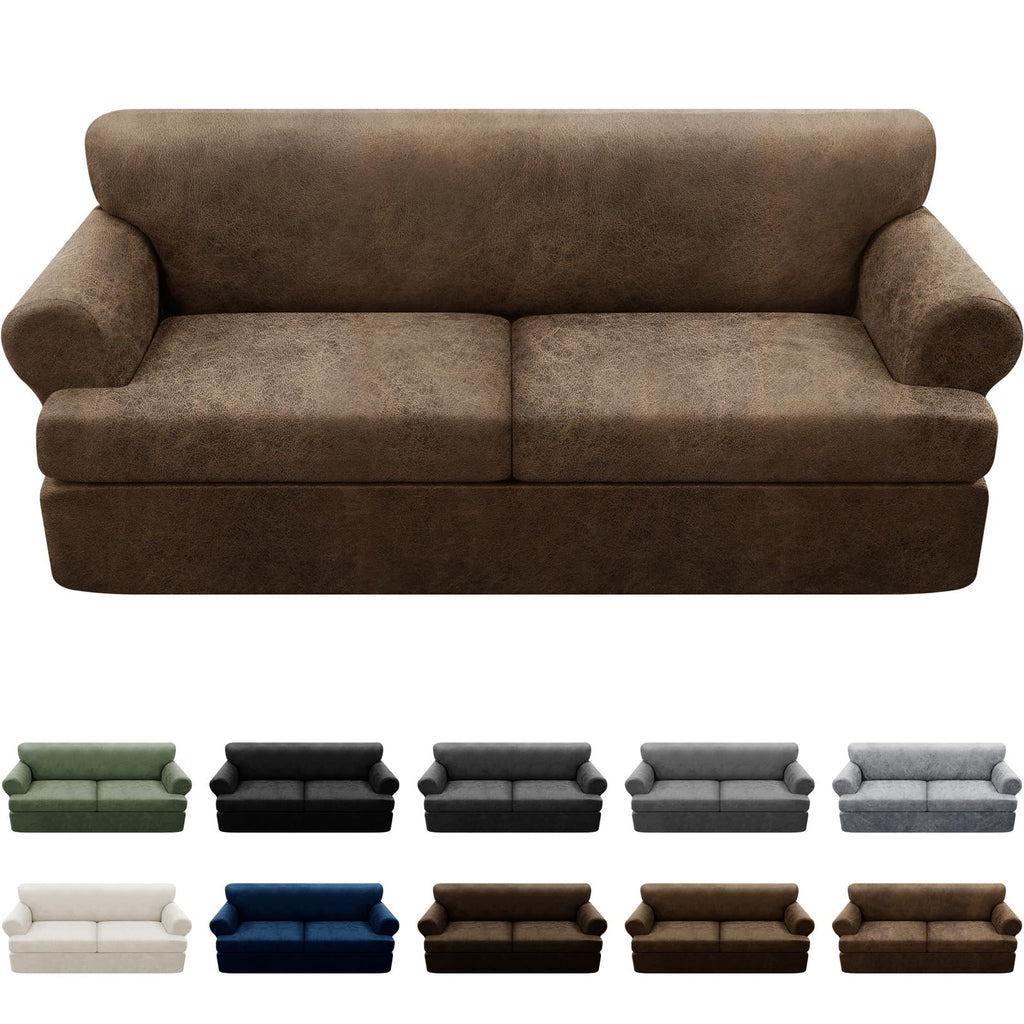 3-Pieces T Cushion Loveseat Slipcovers Leather Look Couch Cover Loveseat Covers for 2 Cushion Couch Furniture Protector Stretch Sofa Cover with 2 Individual T Cushion Seat Covers, Brown