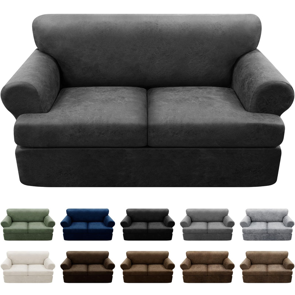 3-Pieces T Cushion Loveseat Slipcovers Leather Look Couch Cover Loveseat Covers for 2 Cushion Couch Furniture Protector Stretch Sofa Cover with 2 Individual T Cushion Seat Covers, Brown