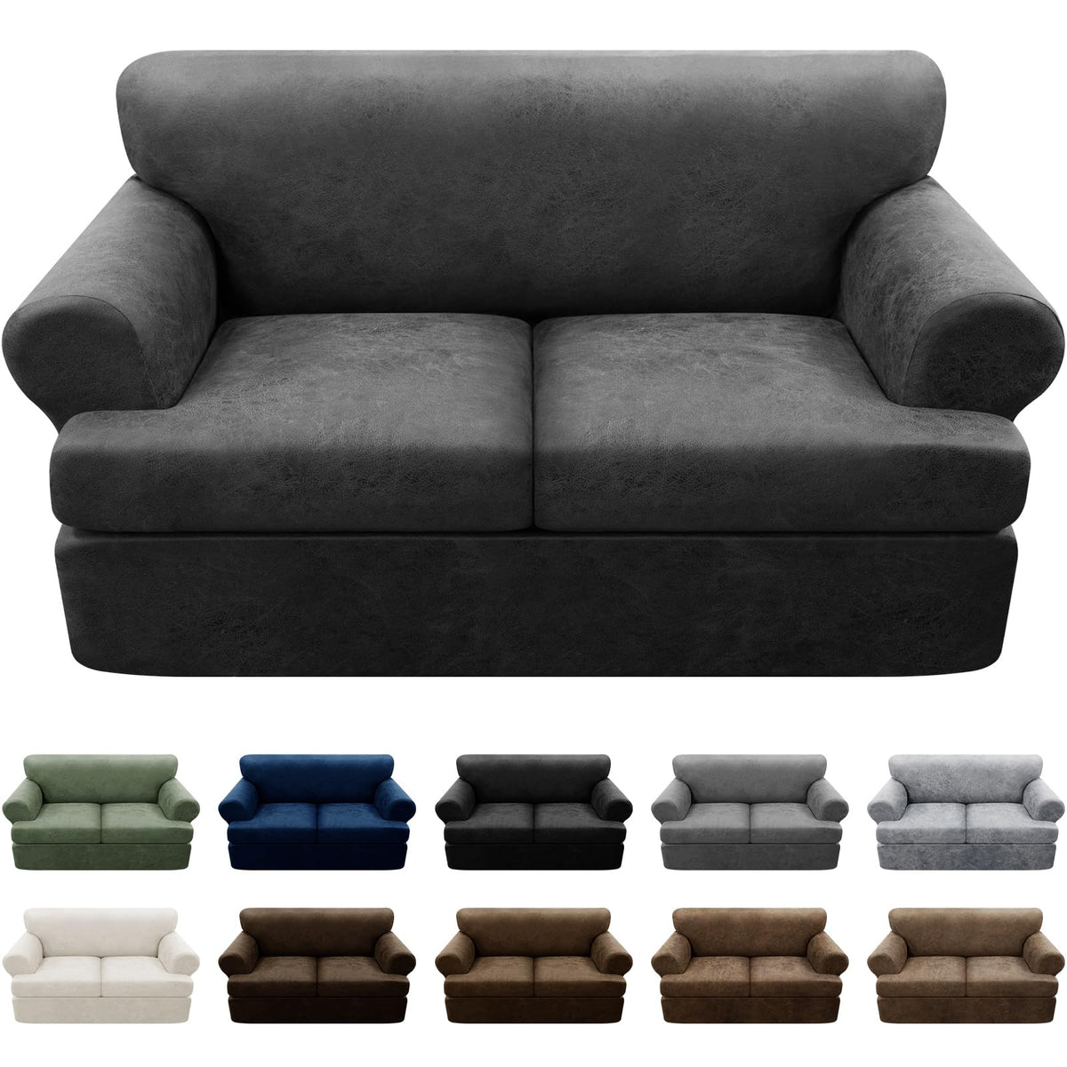 3-Pieces T Cushion Loveseat Slipcovers Leather Look Couch Cover Loveseat Covers for 2 Cushion Couch Furniture Protector Stretch Sofa Cover with 2 Individual T Cushion Seat Covers, Brown
