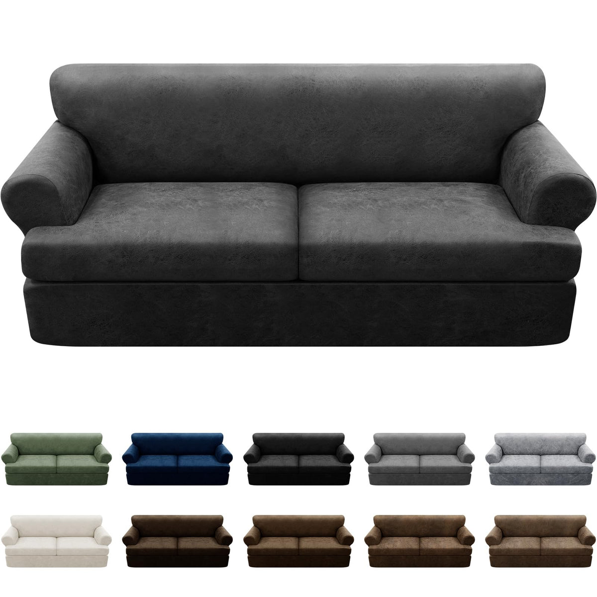 3-Pieces T Cushion Loveseat Slipcovers Leather Look Couch Cover Loveseat Covers for 2 Cushion Couch Furniture Protector Stretch Sofa Cover with 2 Individual T Cushion Seat Covers, Brown