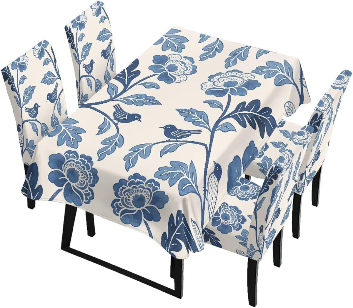 Polynesia Dining Room Chair Cover with Tablecloths 5 Pack, Scratch-Resistant Washable Parsons Chair Slipcovers Removable Table Cloth for Kitchen, Plumeria Floral Monstera Leaf Print Blue