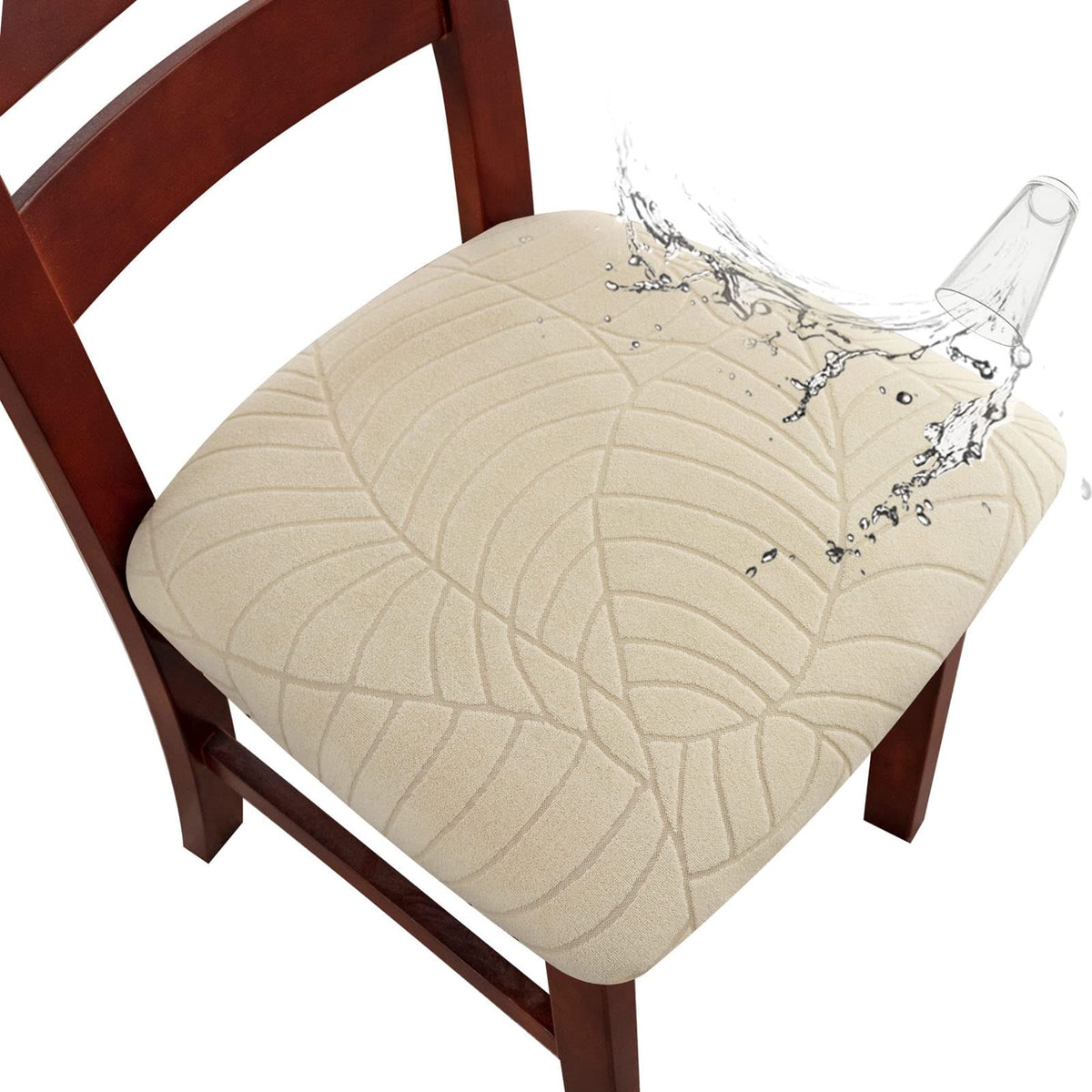 Genina Waterproof Seat Covers for Dining Room Chairs, Stretch Chair Seat Covers Removable Washable Dinning Room Kitchen Chair Cushion Slipcovers (Leaves-Taupe, 4 PCS)