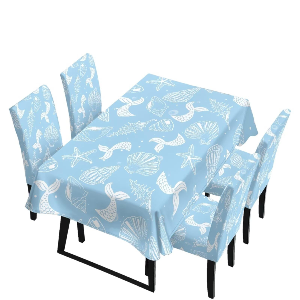 5 Pack Dining Room Chair Cover Set and Table Cloth Rectangle, Dust Proof Machine Washable Tablecloths Comfortable Chair Seat Slipcovers for Restaurant Decor, Abstract Fluid Marble