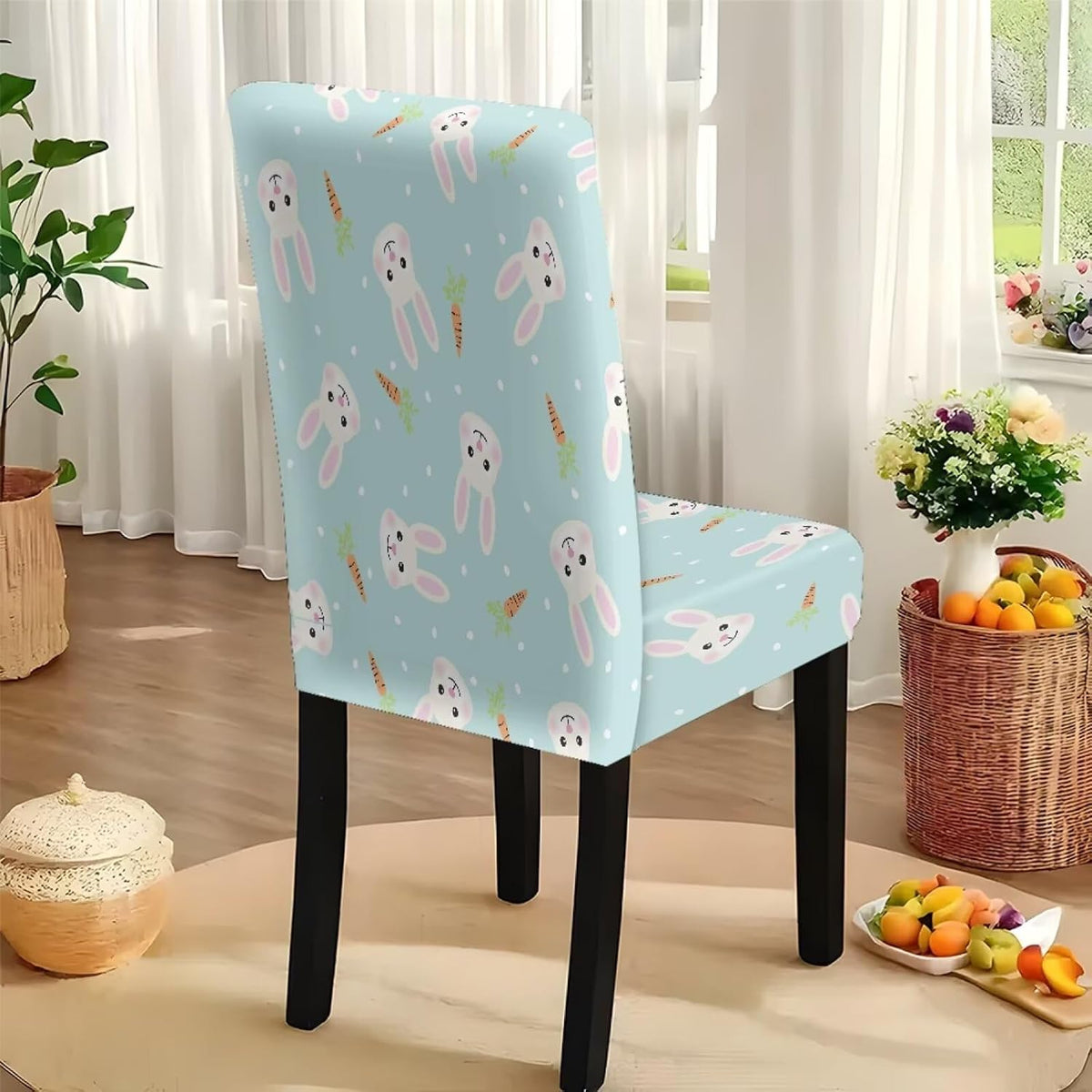 Table Cloth Rectangle Table Set of 5 Include Kitchen Chair Covers and Tablecloths for Dining Room Easter Decor, Anti-Scratch Chair Seat Protector Cover, Blue Cartoon Rabbit Carrot Dot