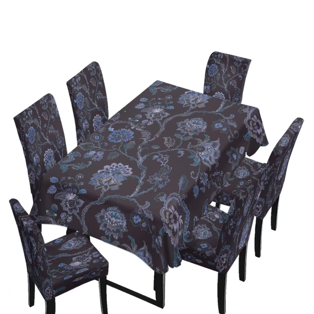 Table Cloth and Dining Chair Covers Set of 5, Kitchen Chair Slipcovers Rectangle Table Cover, Removable Anti-dust Tablecloths Stain Resistant Soft Hotel Decor, Blue Retro Floral