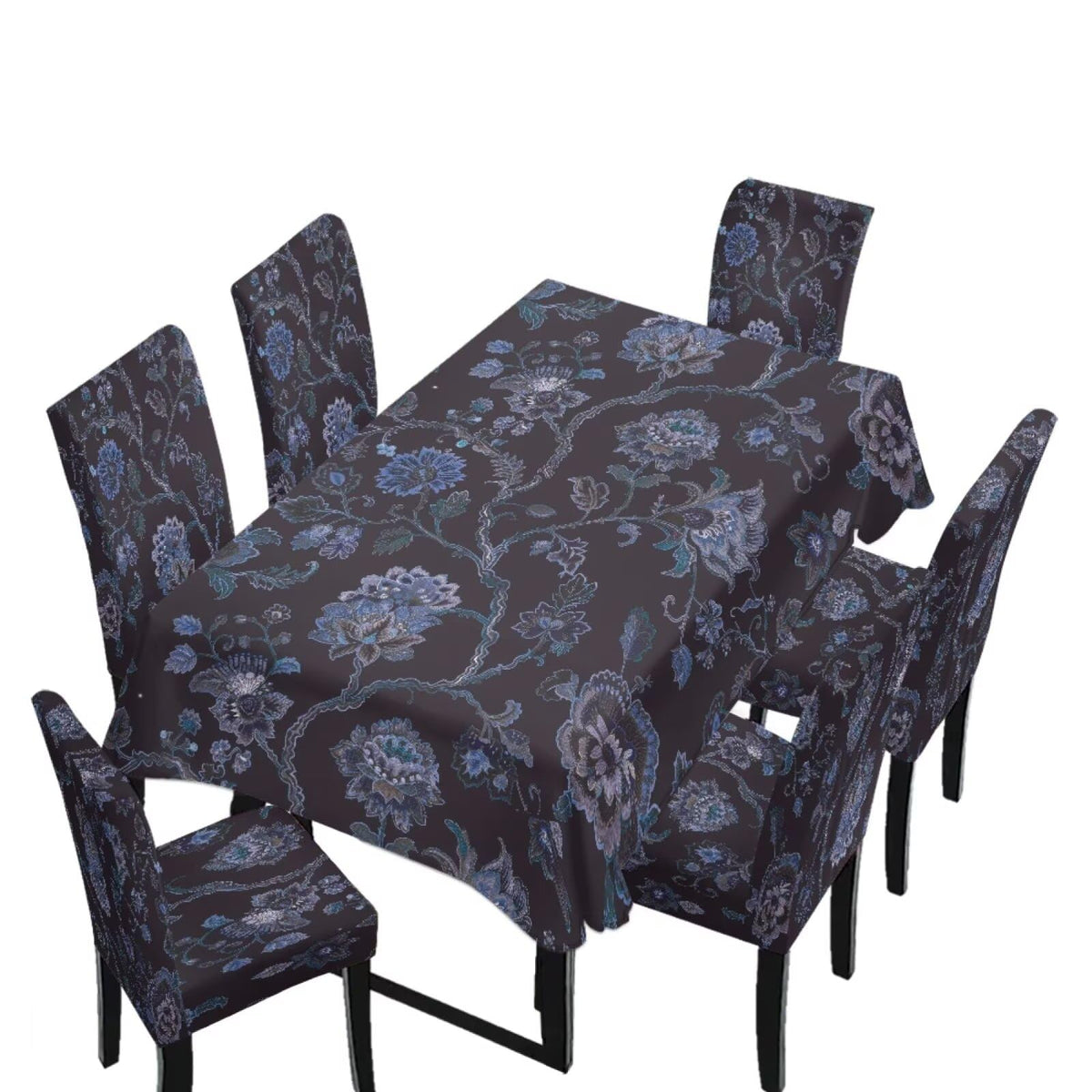Table Cloth and Dining Chair Covers Set of 5, Kitchen Chair Slipcovers Rectangle Table Cover, Removable Anti-dust Tablecloths Stain Resistant Soft Hotel Decor, Blue Retro Floral