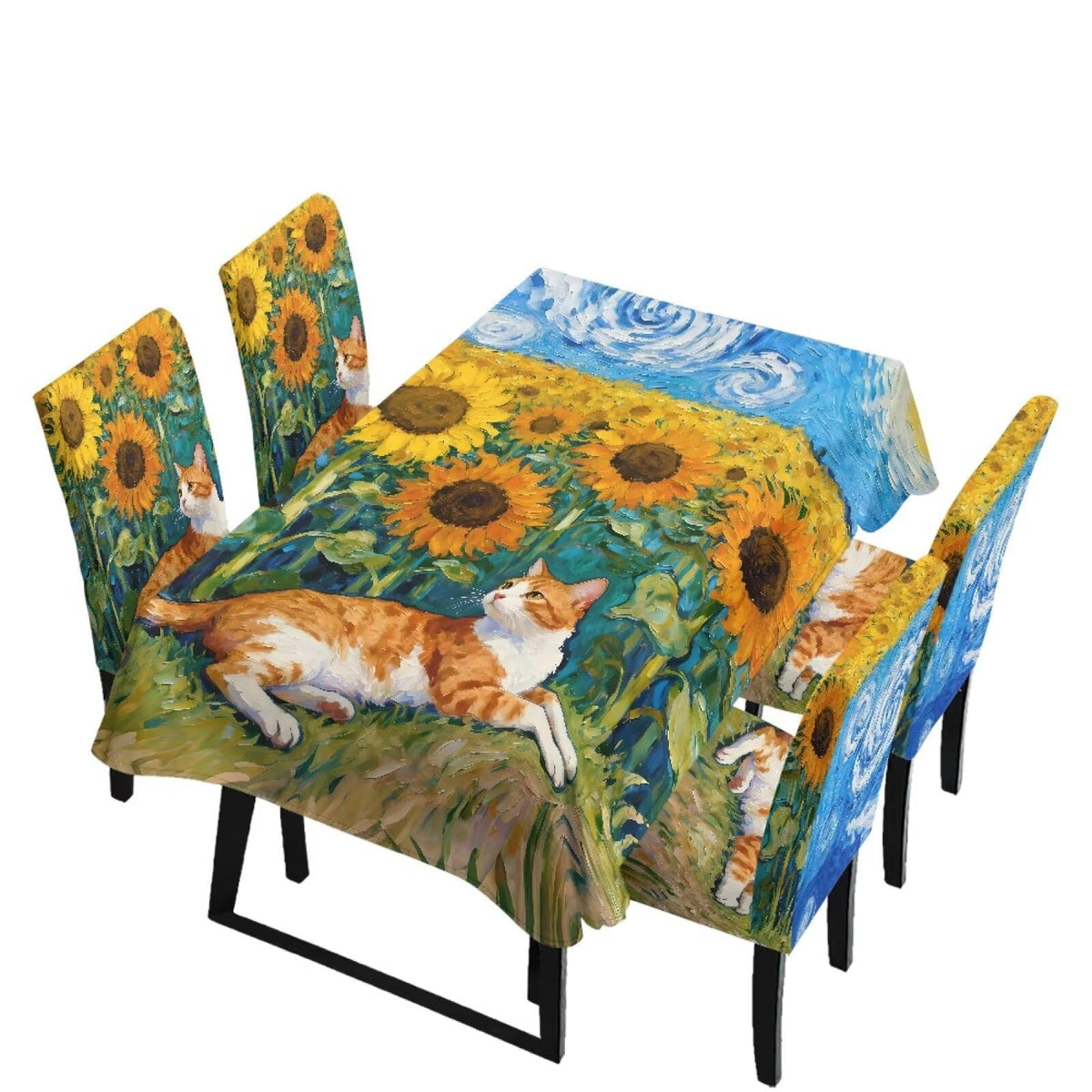 Blue Floral Rectangular Table Cloth & Dining Chair Covers Set of 5, Stain Resistant Wipeable Chair Protectors for Farmhouse Rustic Home Kitchen Party Decor
