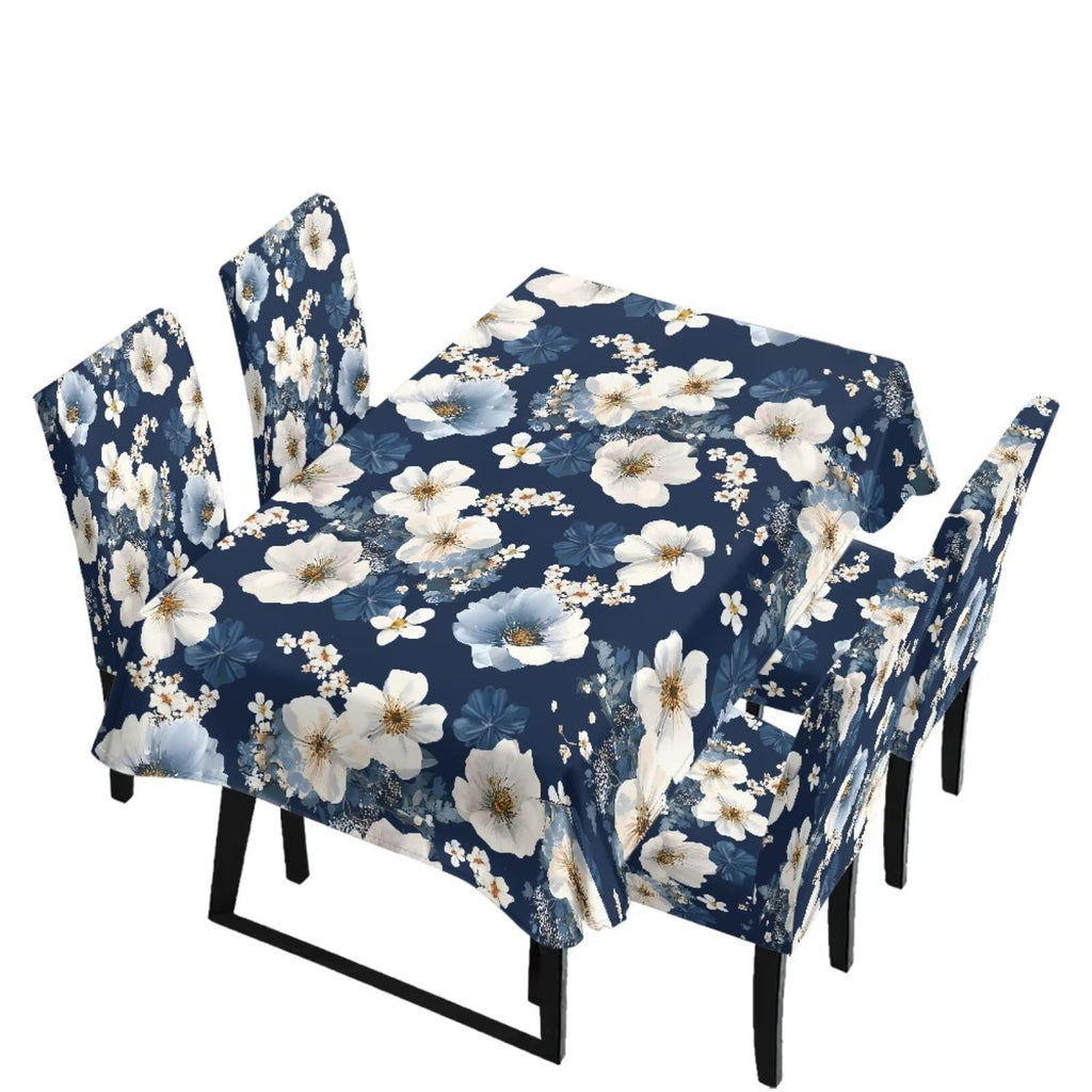 Table Cloth and Dining Chair Covers Set of 5, Kitchen Chair Slipcovers Rectangle Table Cover, Removable Anti-dust Tablecloths Stain Resistant Soft Hotel Decor, Blue Retro Floral