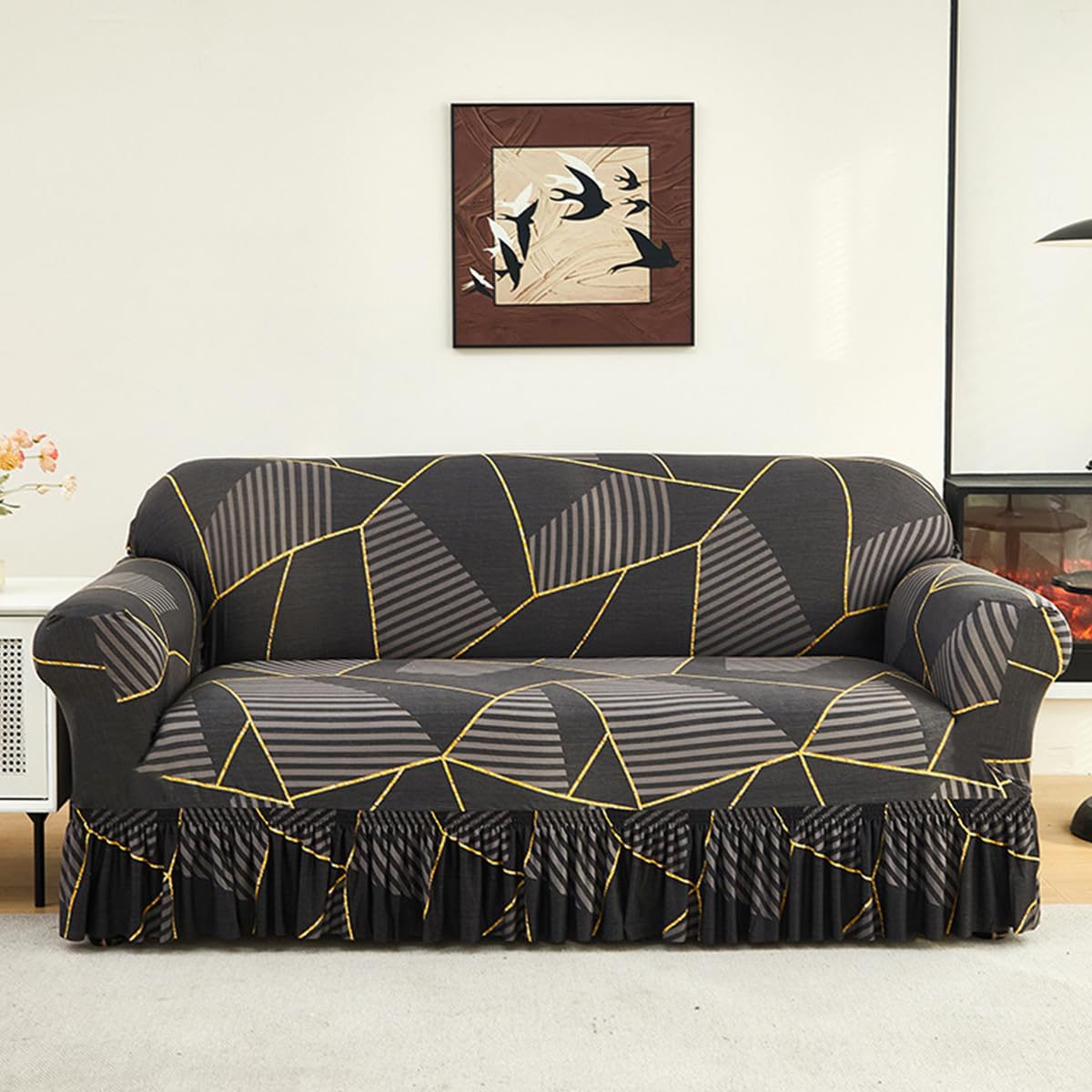 KAIJIE Super Stretch Sofa Slipcover–Non Slip Soft Couch Sofa Cover,Skirt Edge Design with Non Skid Foam and Elastic Bottoms for Crafted from Soft Polyester Printed Pattern（2-Person seat Couch Cover）