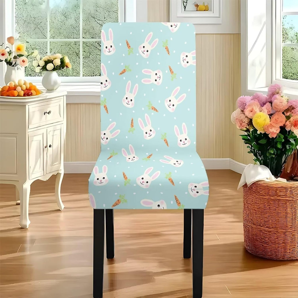 Table Cloth Rectangle Table Set of 5 Include Kitchen Chair Covers and Tablecloths for Dining Room Easter Decor, Anti-Scratch Chair Seat Protector Cover, Blue Cartoon Rabbit Carrot Dot