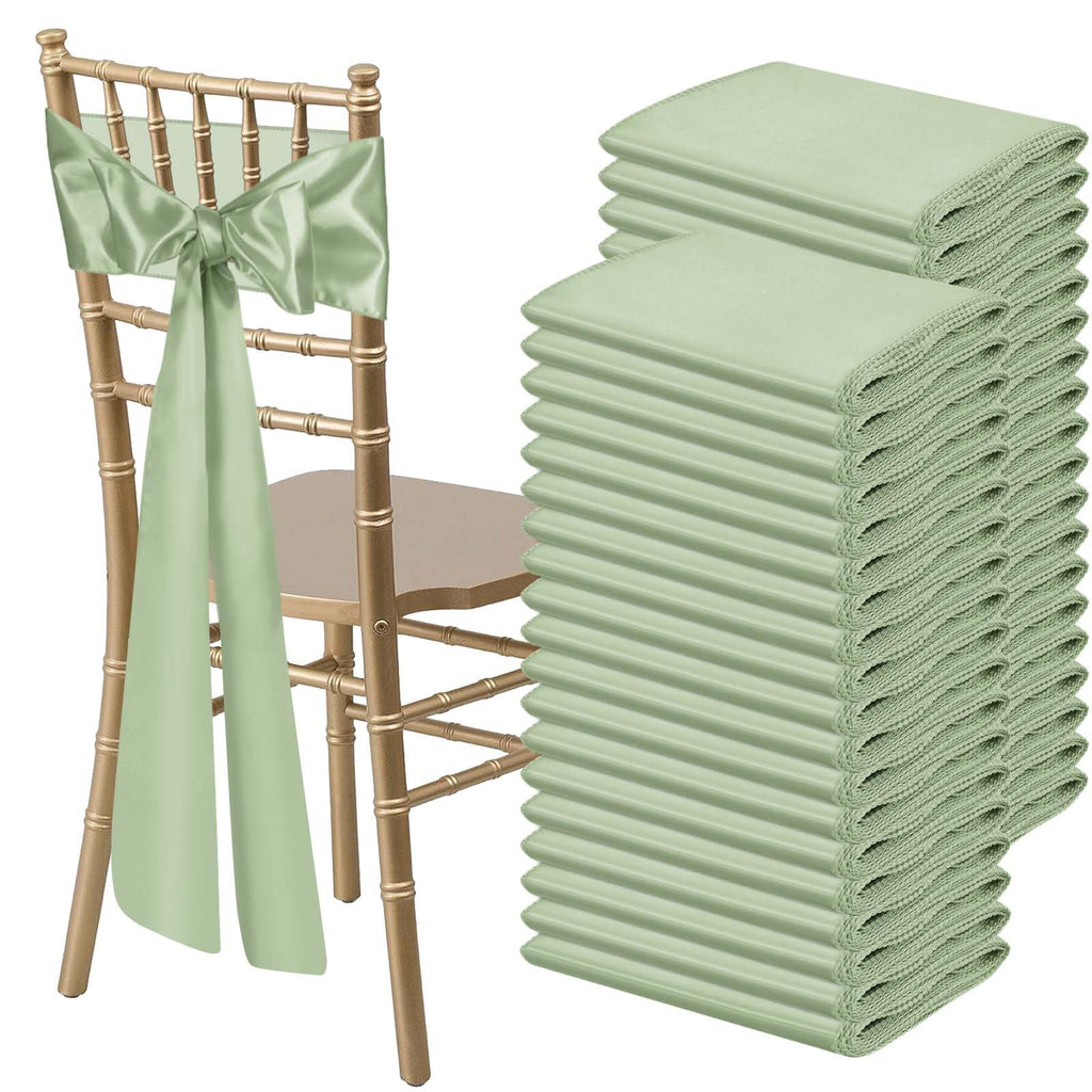 50 PCS Sage Green Satin Chair Sashes Bows Universal Chair Ribbon Ties Back Sash for Wedding Party Reception Events Banquets Hotel Event Chair Cover Decoration (7x108 inch)
