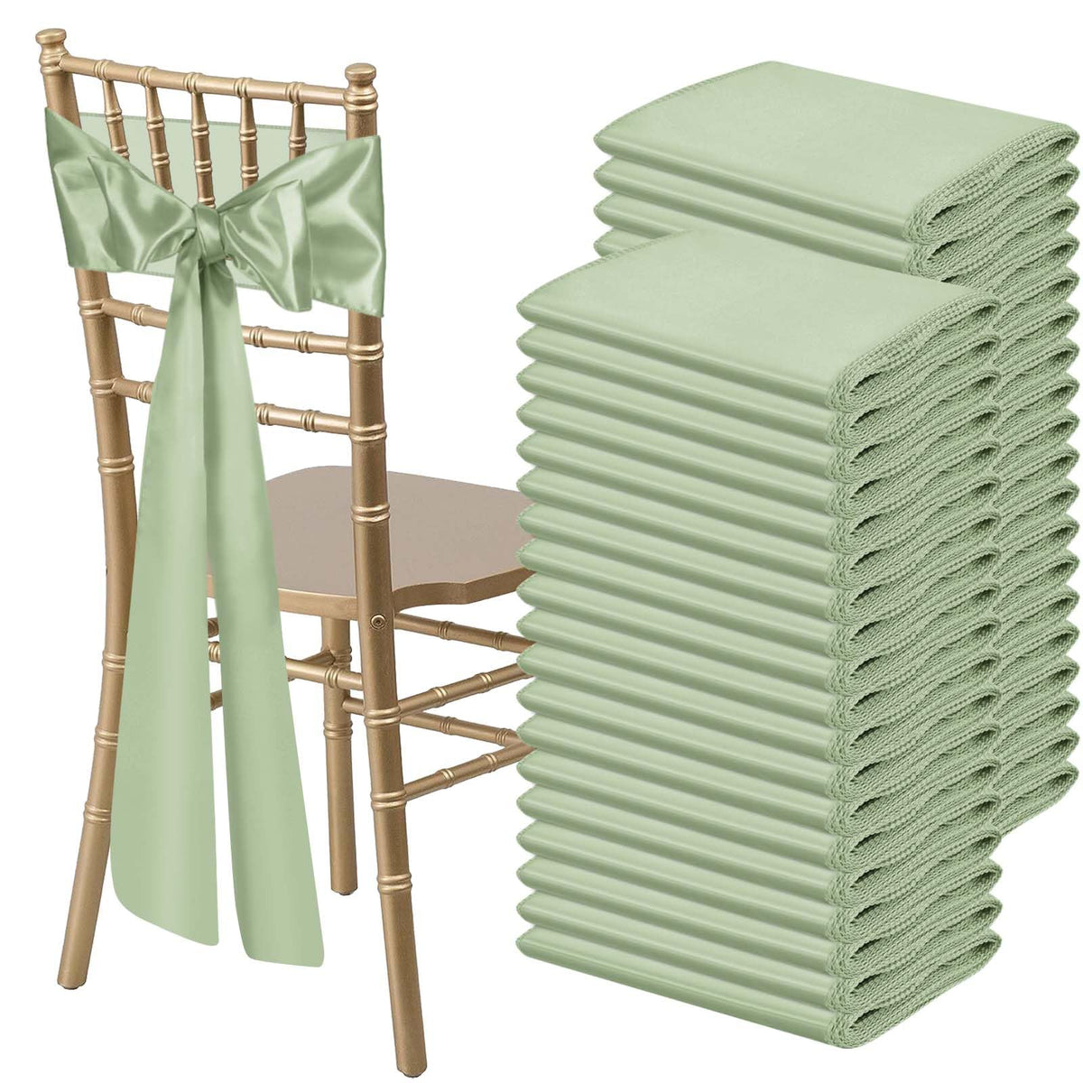 50 PCS Sage Green Satin Chair Sashes Bows Universal Chair Ribbon Ties Back Sash for Wedding Party Reception Events Banquets Hotel Event Chair Cover Decoration (7x108 inch)