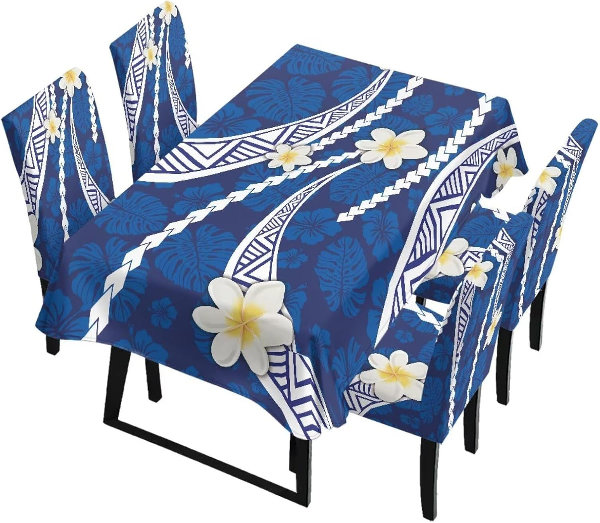 Polynesia Dining Room Chair Cover with Tablecloths 5 Pack, Scratch-Resistant Washable Parsons Chair Slipcovers Removable Table Cloth for Kitchen, Plumeria Floral Monstera Leaf Print Blue