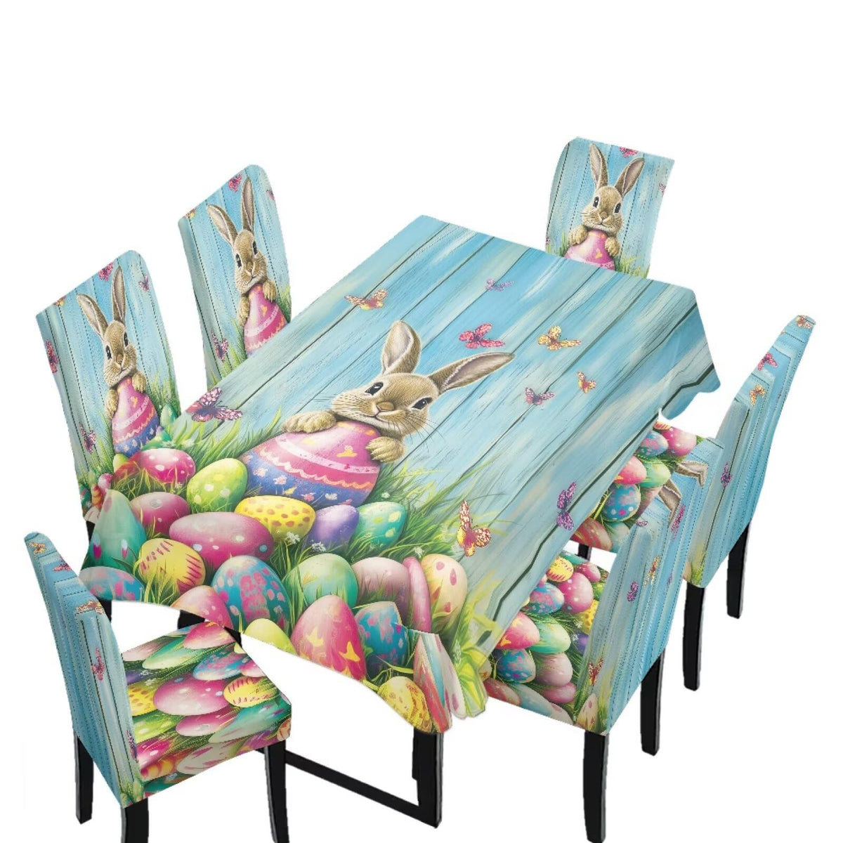 ZDCUSTOM Easter Table and Chair Covers for Parties Purple Bunny Dining Chairs Cover Daisy Tablecloths Rectangular for Easter Party