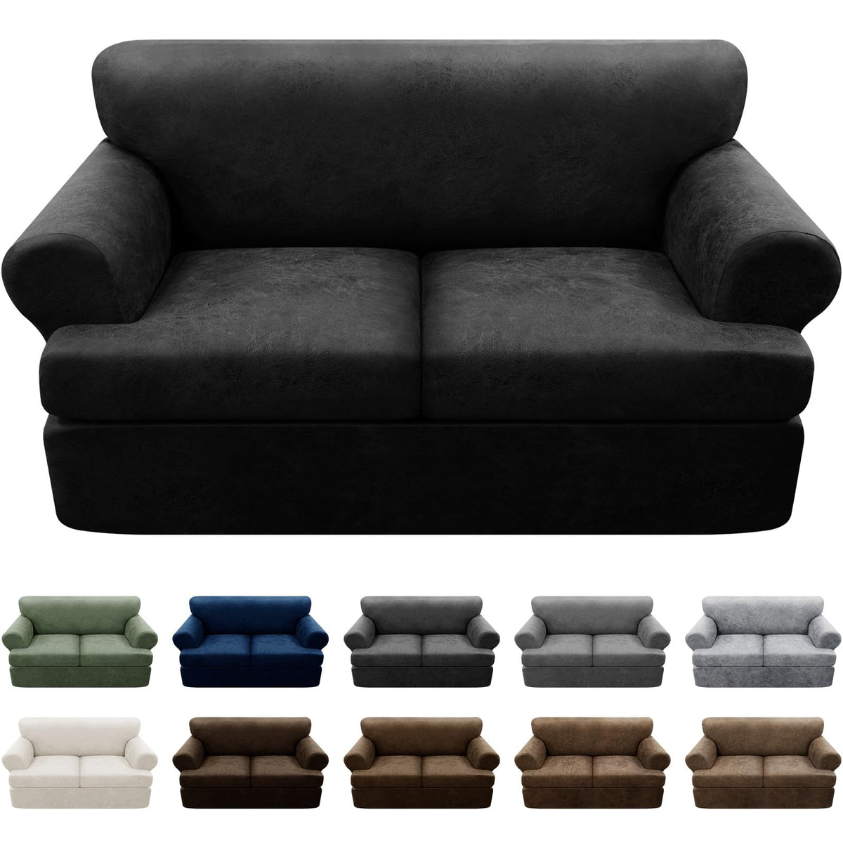 3-Pieces T Cushion Loveseat Slipcovers Leather Look Couch Cover Loveseat Covers for 2 Cushion Couch Furniture Protector Stretch Sofa Cover with 2 Individual T Cushion Seat Covers, Brown
