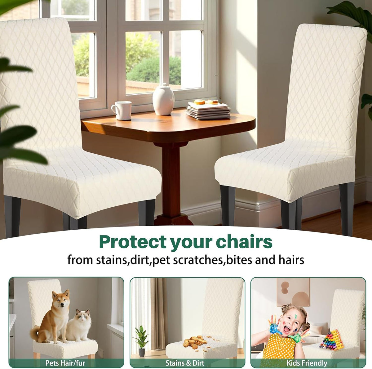 Dioxide Waterproof Chair Covers for Dining Chairs, Stretch Dining Chair Covers Set of 6, Parson Chair Slipcovers, Washable Kitchen Chairs Seat Covers Protectors for Home Restaurant Banquet - Beige