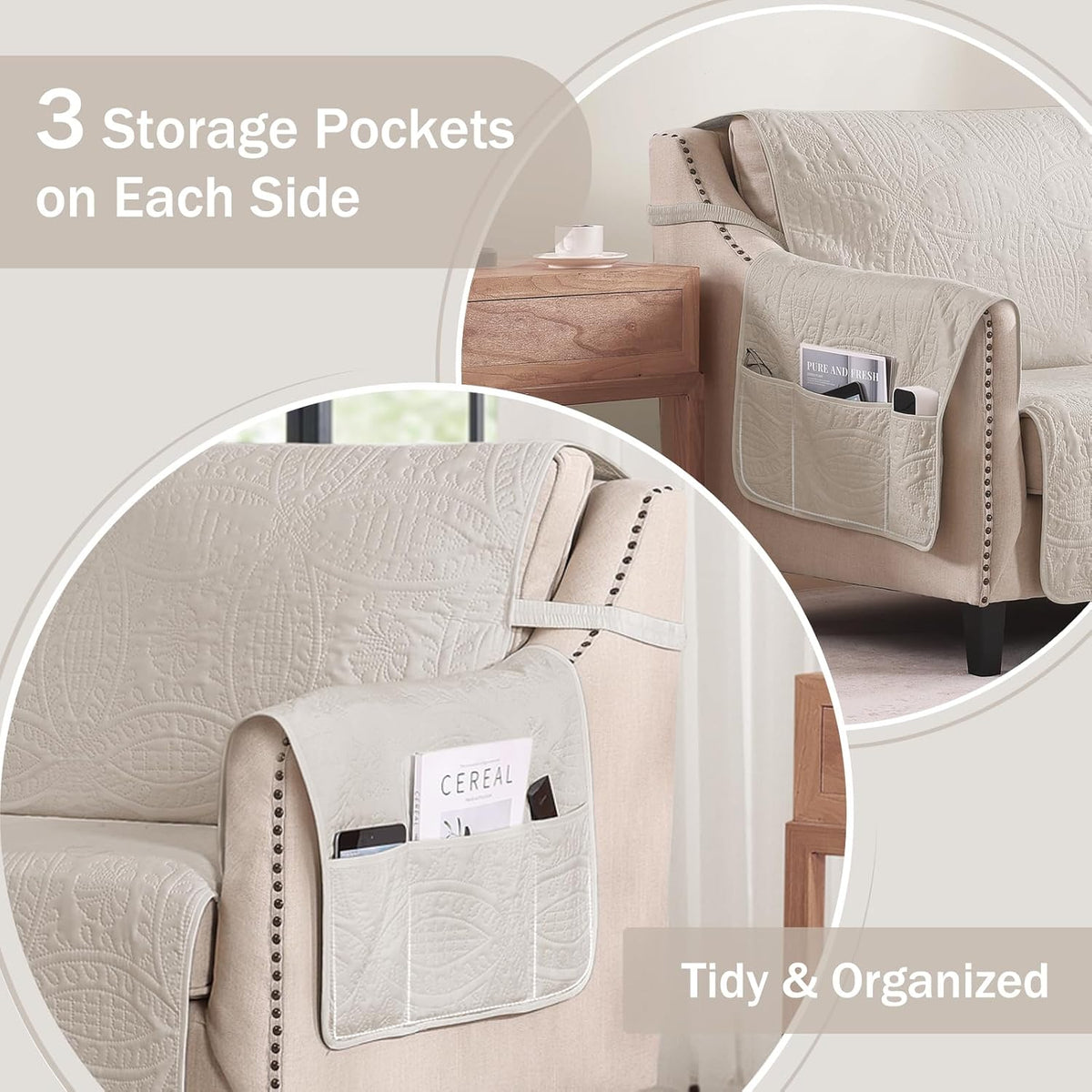 Beige Loveseat Covers for 2 Cushion Couch, Water-Repellent Quilted Covers for Sofa, Machine Washable Love Seat Couch Covers, Pet Friendly Loveseat Slipcovers (Loveseat 48", Beige Cream)